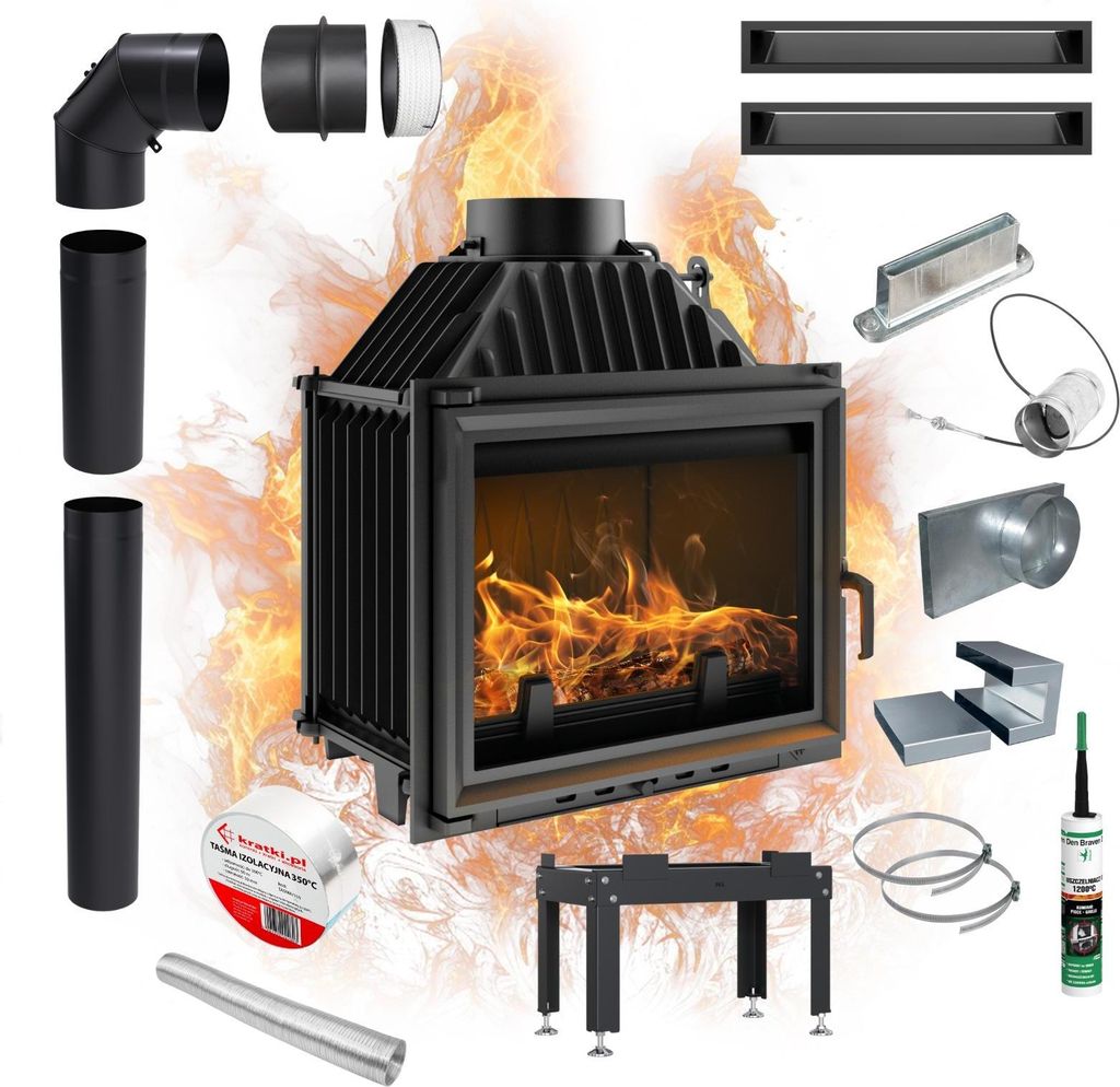Gusseisen Kamin KRATKI MAJA 8kW Ø200 Montageset mit Türschließung