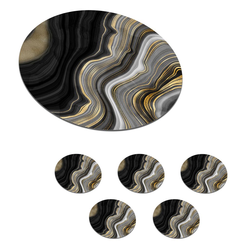 KitchenYeah Glasuntersetzer Rund 6er Set Marmor - Stein - Achat - Schwarz und Gold 10x10 cm Untersetzer für Gläser - Getränkeuntersetzer - Tis...