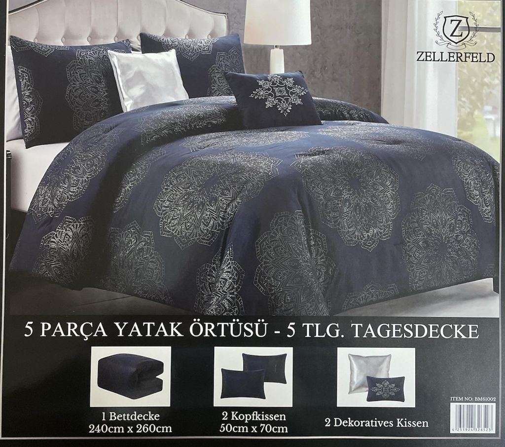 Tagesdecke Bettdecke 240x260cm 5 TLG. Bettdecke Bettüberwurf-Set Luxus Decke für Ihr Schlafzimmer Marineblau