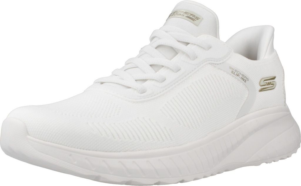 A white Skechers sneaker is shown from a side angle against a white background.