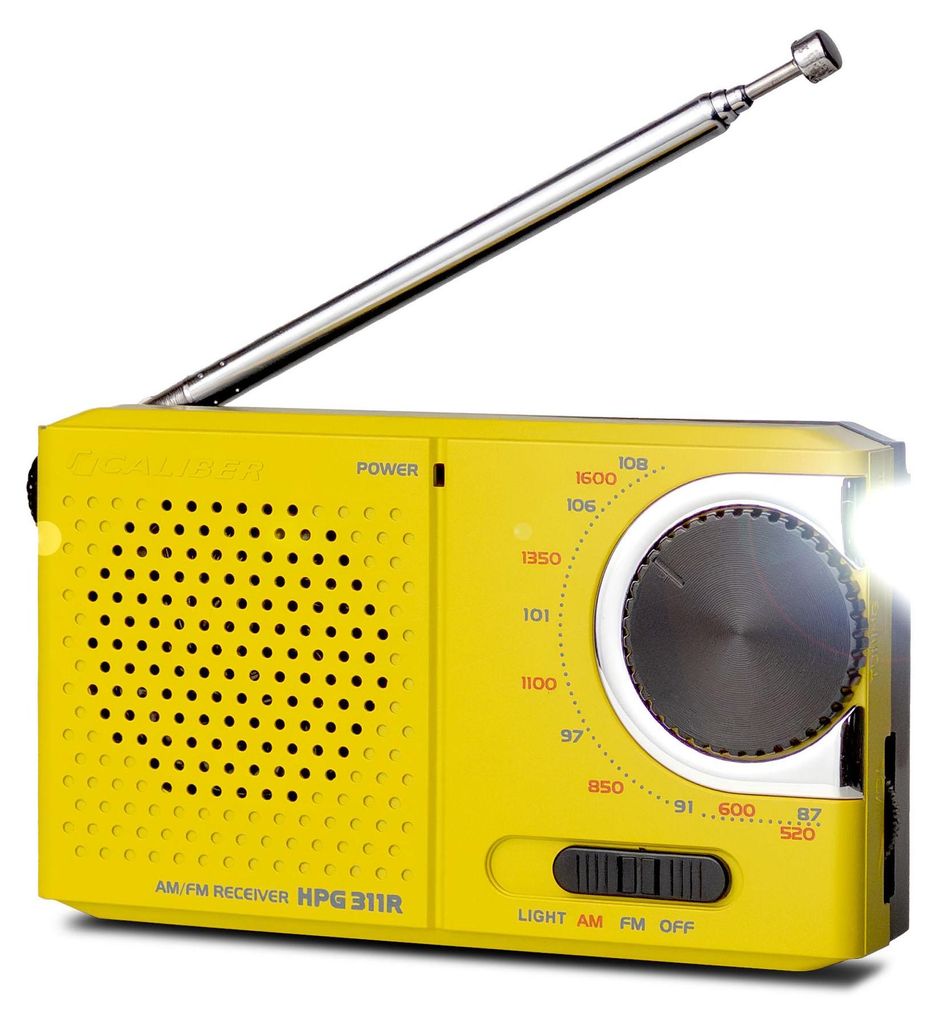 A yellow portable AM/FM radio with an extended antenna and a built-in light.