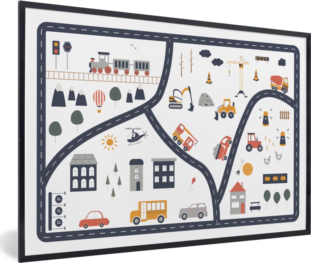MuchoWow Gerahmtes Poster Auto - Kinder - Gebäude 30x20 cm - Poster mit Schwarzem Bilderrahmen Wandposter Rahmen Foto Bilder - Kunstdruck - Bild...