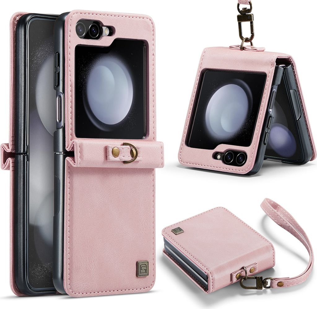 Galaxy Z Flip5 Hülle mit Handschlaufe, Scharnierschutz Retro Kunstledertasche Schutzhülle für Samsung Galaxy Z Flip 5 5G Pink
