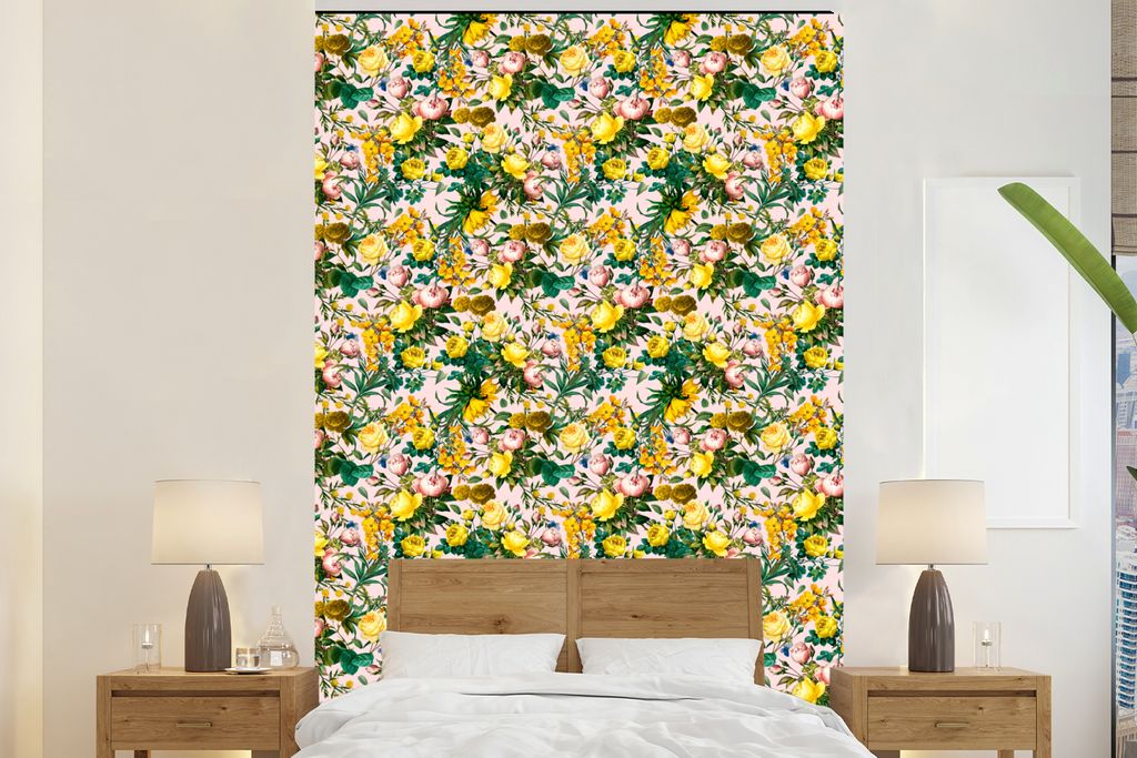 MuchoWow Fototapete für Wohnzimmer oder Schlafzimmer Wandtapete Vinyl Motivtapete Blumen - Rosen - Gelb - 225x350 cm - Schlafzimmer tapete