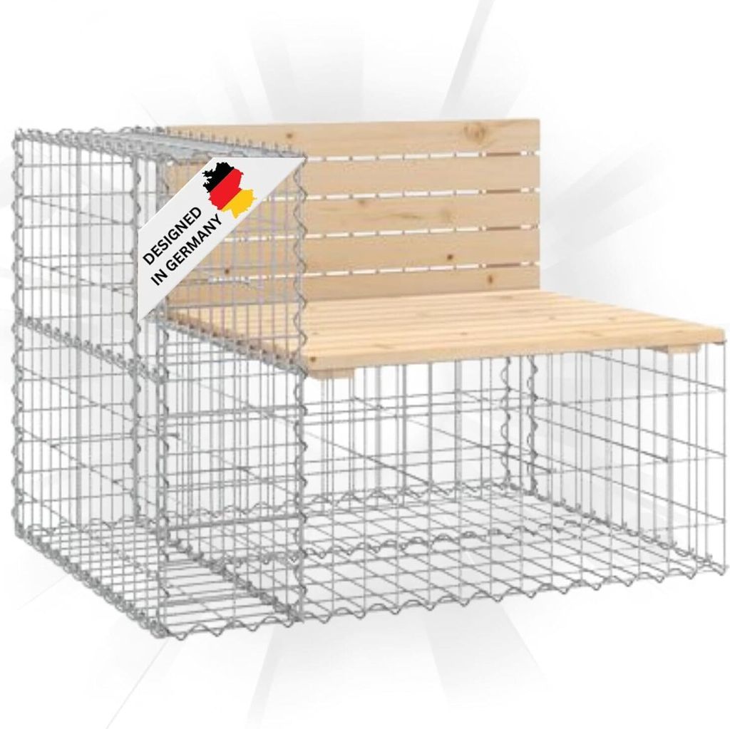 DELUKE Gartenbank Gabionen INO aus Stahl | 92x71x65,5cm Kiefernholz Natur | Gabionenbank Gartenbank mit Sitzfläche aus Gabionen Steinkorb Gabion...