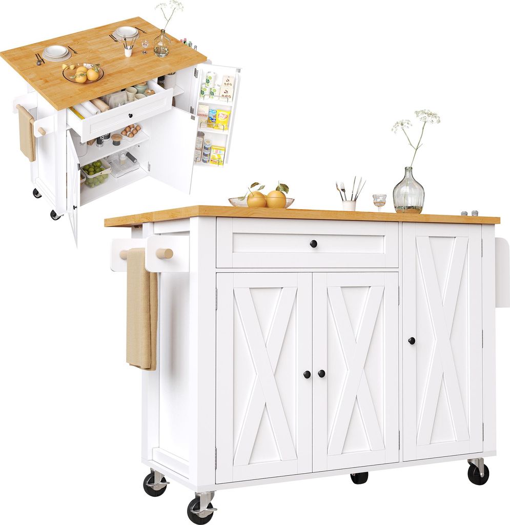 Kücheninsel, 99x70(40)x 90 cm, ausziehbarer Küchenwagen mit Rollen, mit Handtuchhalter, Gewürzregal, Türfachregalen, verstellbaren Einlegeböden,