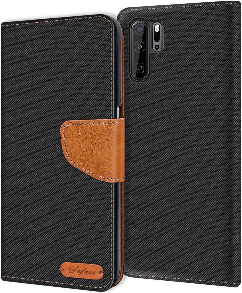 Conie Jeans Style Klapp Tasche für Huawei P30 Pro Kartenfach Hülle Rundumschutz in Schwarz