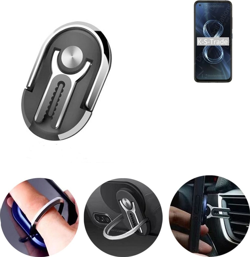 K-S-Trade 3in1 Smartphone-Ring Handy-Ring kompatibel mit Asus 8z Fingerhalterung Handyring Tischständer Lüftungsgitter-Halterung Tisch Ständer