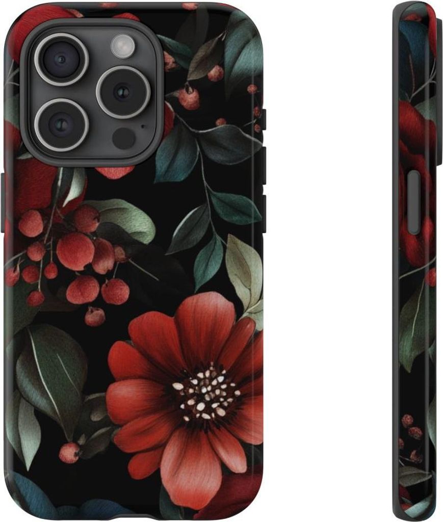 Dunkelrotes und grünes Blumenmuster – Hülle Kompatibel mit iPhone 15 Pro
