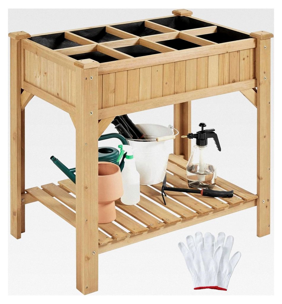 Hochbeet aus Holz mit Ablagefach und Entwässerungslöchern, Bausatz für Gemüse/Kräuter/Blumen, wetterfest, Hellbraun