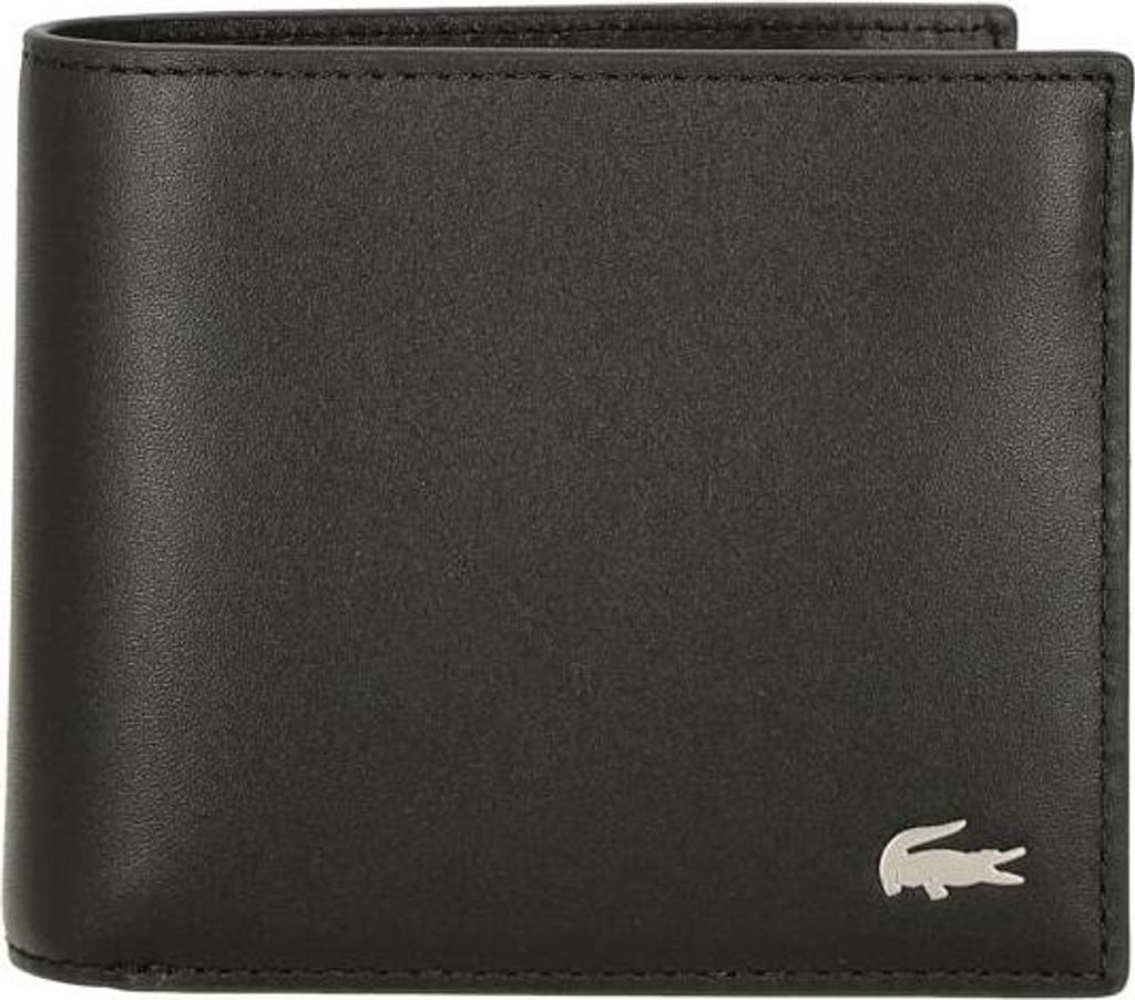 A black leather wallet with a silver Lacoste logo.