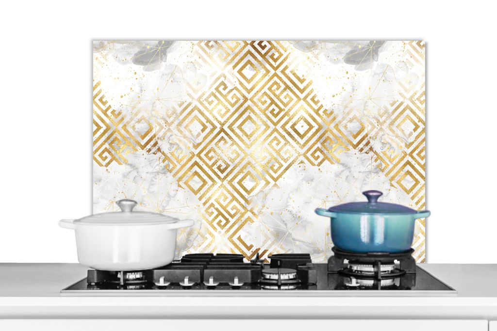 KitchenYeah Spritzschutz Küche - Küchenrückwand - Wandschutz für Herd und Spüle - Gold - Marmor - Muster - Geometrie 80x55 - Alu-Dibond (Al...