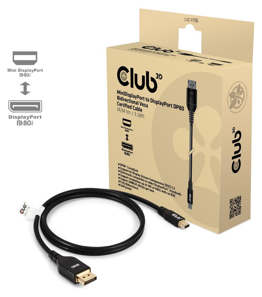 CLUB3D MINIDISPLAYPORT TO DISPLAYPORT DP80 BIDIRECTIONAL VESA CERTIFIED CABLE 1M/3.28FT - Kabel - Digital/Display/Video