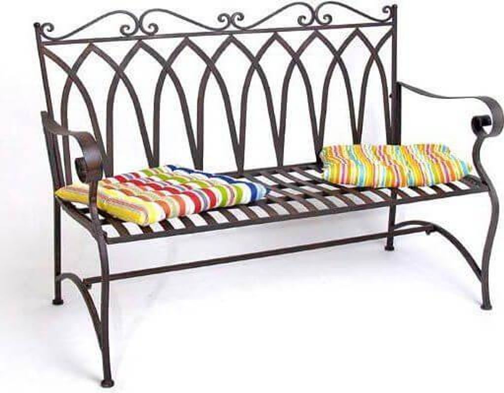 A metal garden bench with striped cushions on a white background.