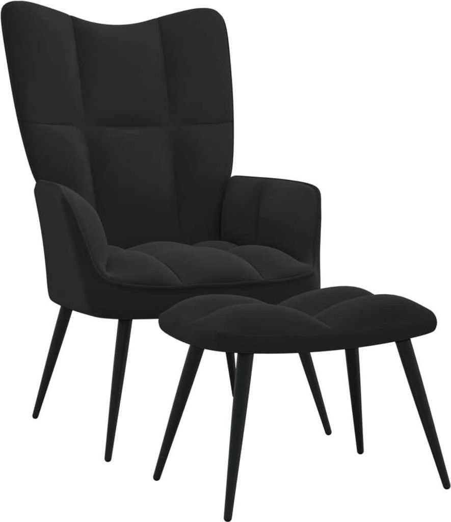 A black velvet armchair and matching ottoman are shown against a white background.