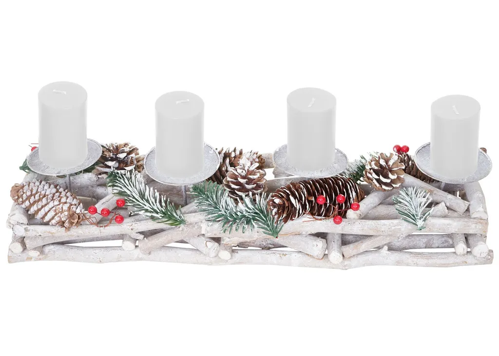 Centre de table de l'Avent en bois blanc-gris 50cm avec 4 bougies