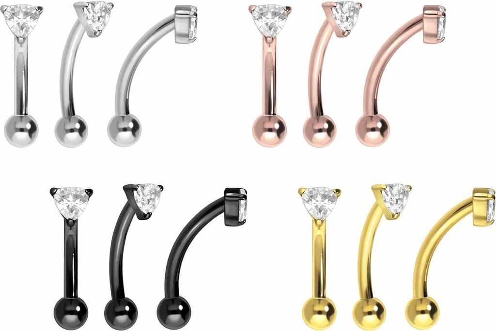 Bauchnabel-Piercing, Rook Piercing Titan Banane mit Push Fit EINGEFASSTES KRISTALLDREIECK Silber Stablänge: 8mm
