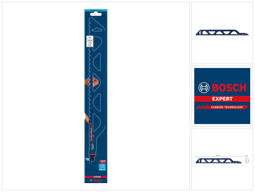 A product shot of a Bosch Expert reciprocating saw blade packaging, with additional product detail images on the right.