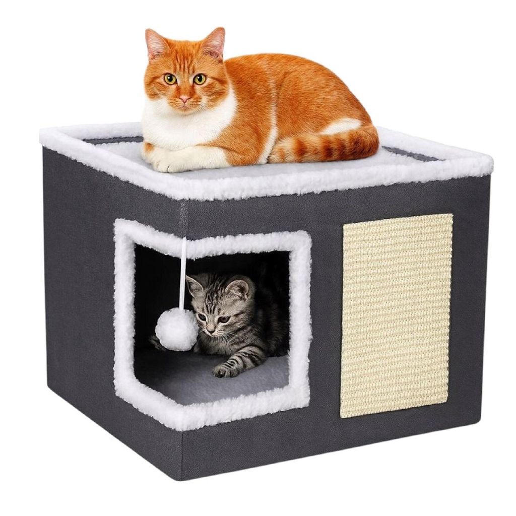 QLS Katzenhaus 2-in-1 mit Kratzbrett 42×42×35 cm faltbar Spielball & Kissen 11410