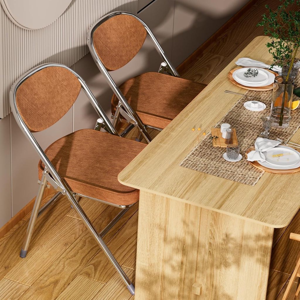 2er Set Klappstuhl Gepolstert,Esszimmerstuhl mit Cord Dickem Kissen,Metall Campingstuhl Garten Stühle für Outdoor & Indoor & Essen & Party (Orange)