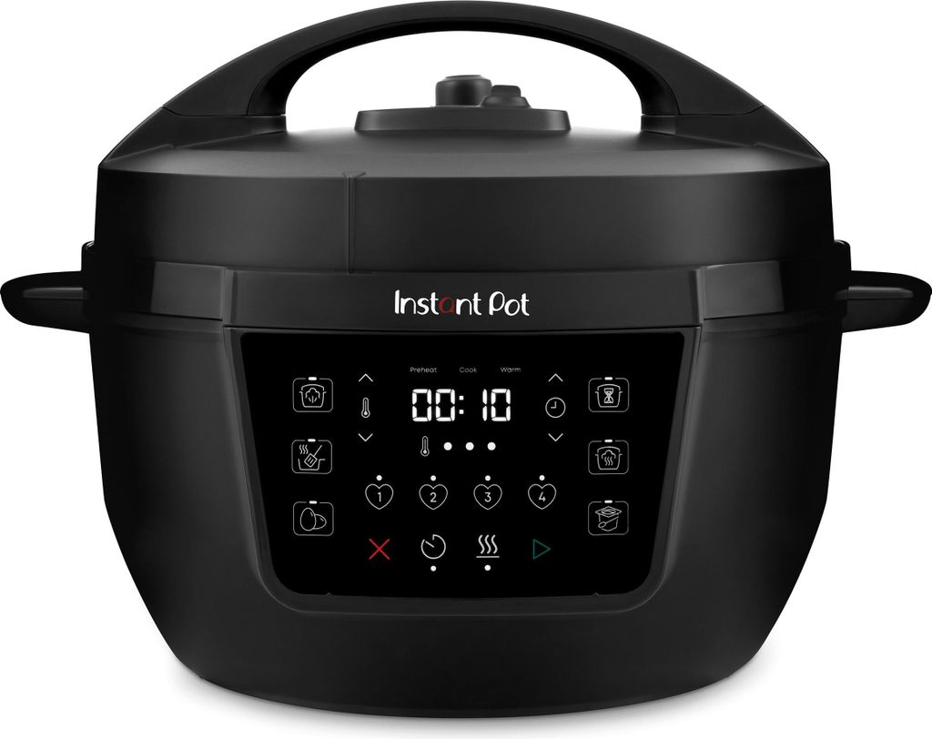 A black Instant Pot multi-cooker is shown from the front against a white background.