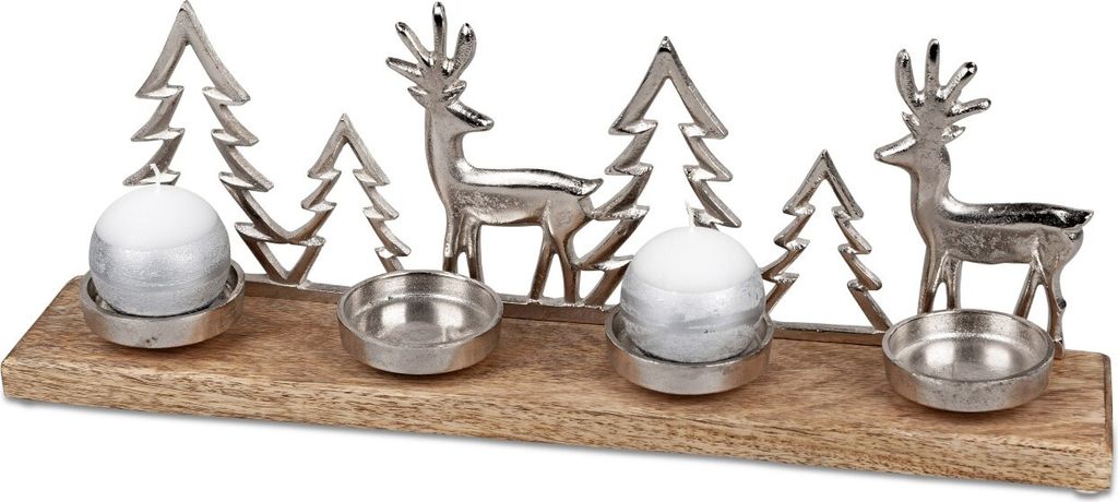 Adventsleuchter Tannen und Hirsche L. 52cm Alu + Mango-Holz Formano W23