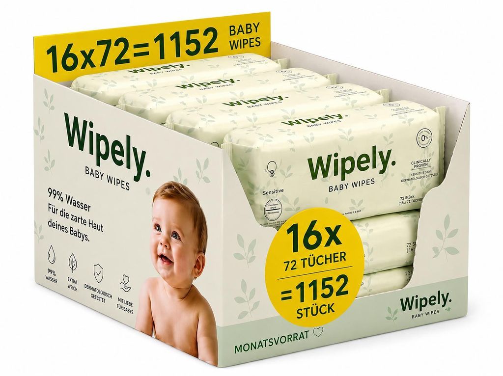 Wipely Baby Feuchttücher Sensitive 16er Set (1152 Stück)  Produktbild  KI-generiertes Bild