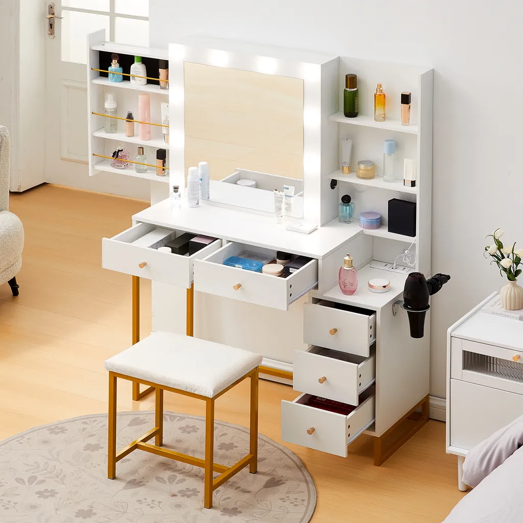 Coiffeuse CLIPOP blanche avec LED miroir et 5 tiroirs de rangement - 6