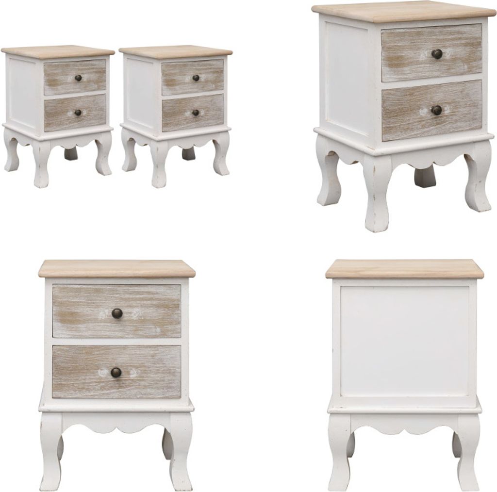 A collage of four images showing two white and wood bedside tables with two drawers each, from different angles.