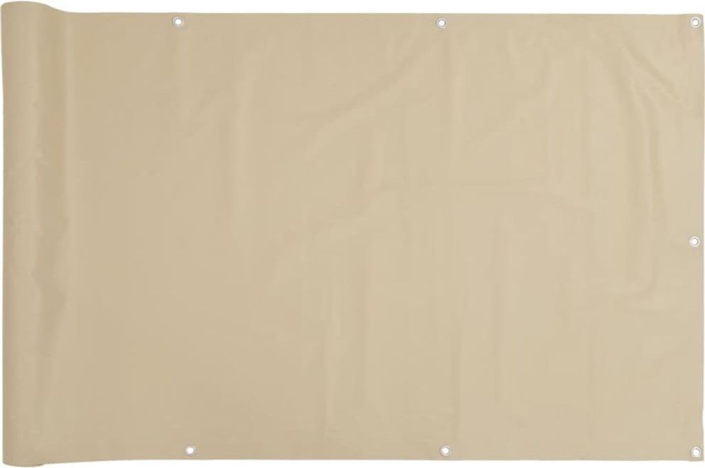 A beige balcony privacy screen is unrolled and laid flat.