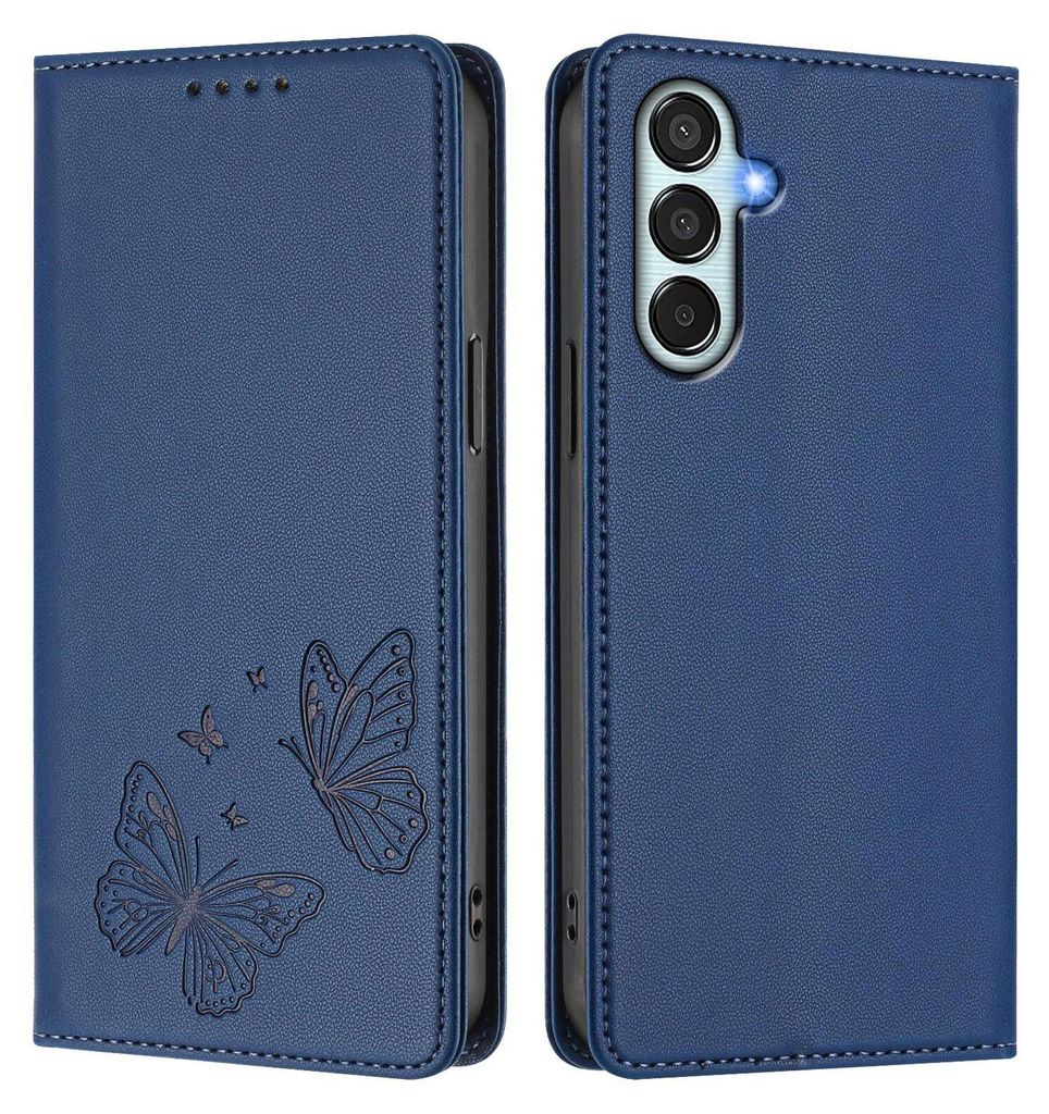 Lederhülle für Samsung Galaxy M35 5G, Schmetterling Prägung Leder Brieftasche Schutzhülle mit Ständer Dunkelblau