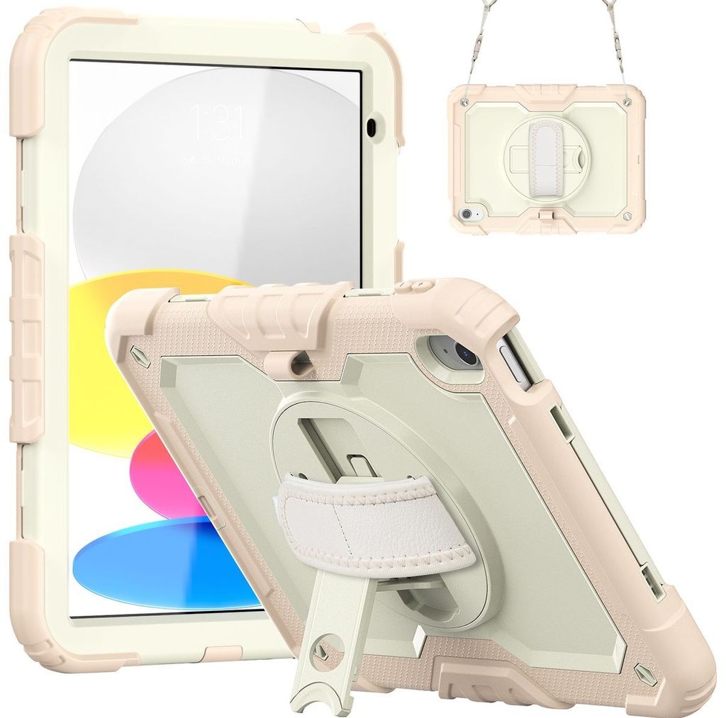Mobigear SureGrip Xtreme iPad 10 (2022) Hülle Kunststoff,Silikon Backcover + Schulterträger + Ständer - Weiß / Roségold