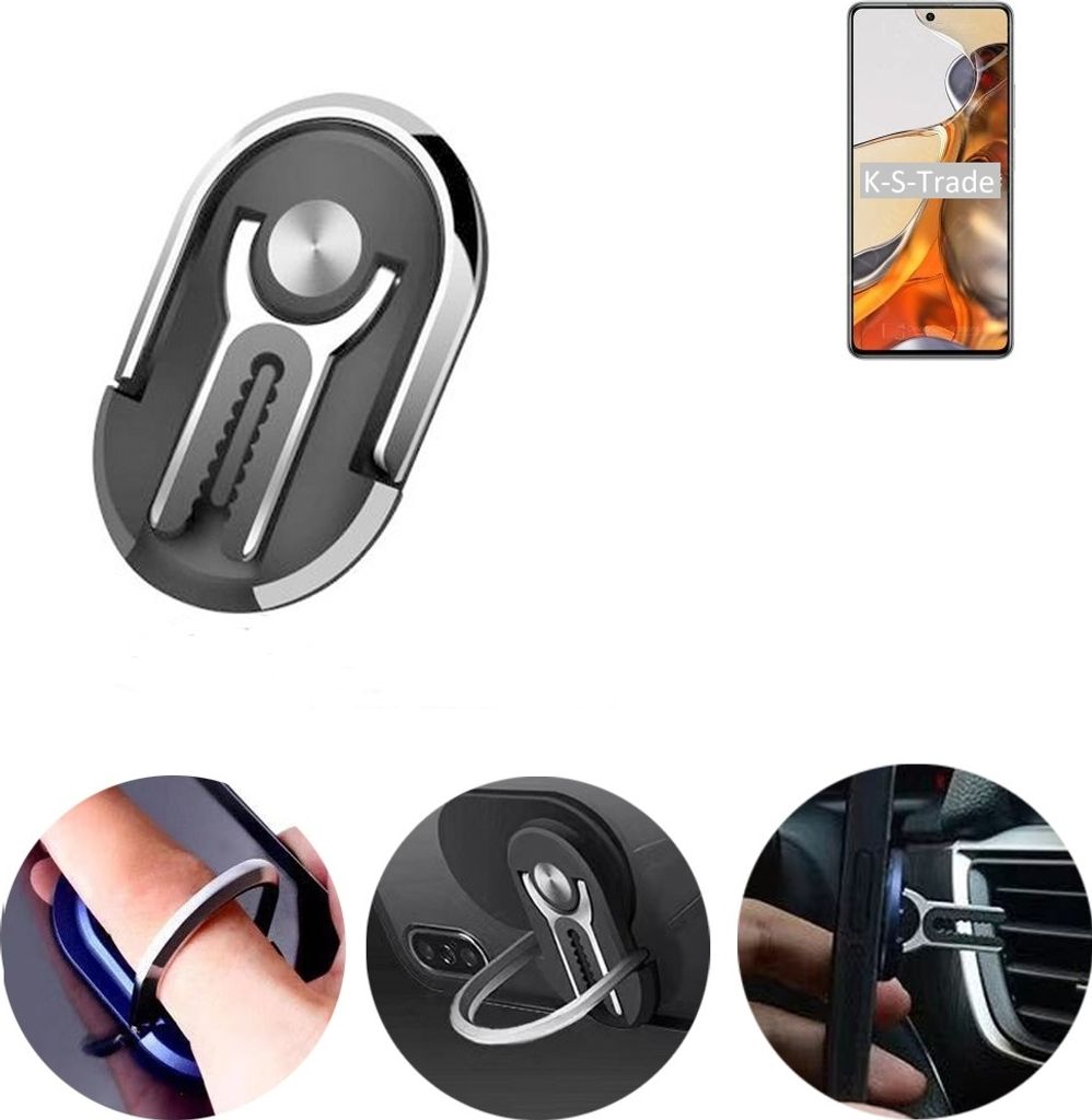 K-S-Trade 3in1 Smartphone-Ring Handy-Ring kompatibel mit Xiaomi 11T Fingerhalterung Handyring Tischständer Lüftungsgitter-Halterung Tisch Ständer