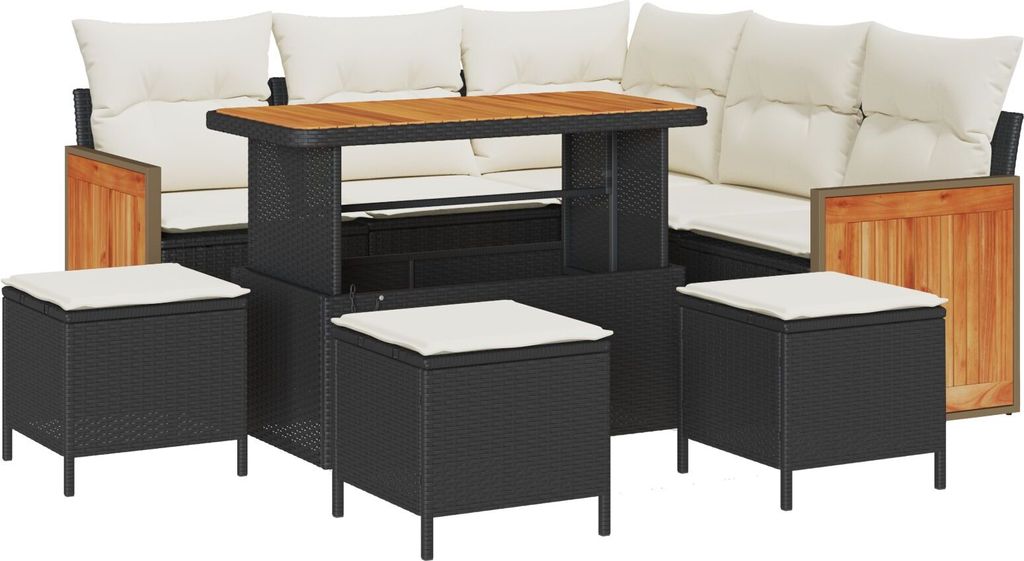 Möbel 9-teiliges Garten Sofa Set mit Kissen Schwarz Poly-Rattan Akazie, 2-Sitzer Garten Sofa mit Kissen Schwarz Poly-Rattan, 4-teiliges Garten Ess...