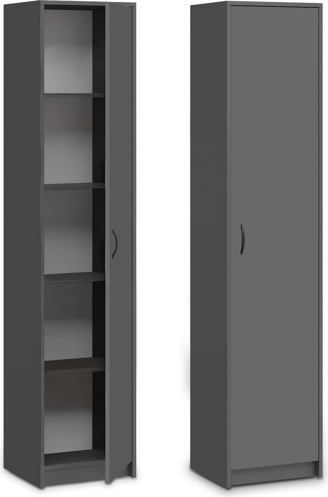 A tall, narrow gray cabinet is shown from two angles: one with the door open revealing shelves, and one with the door closed.