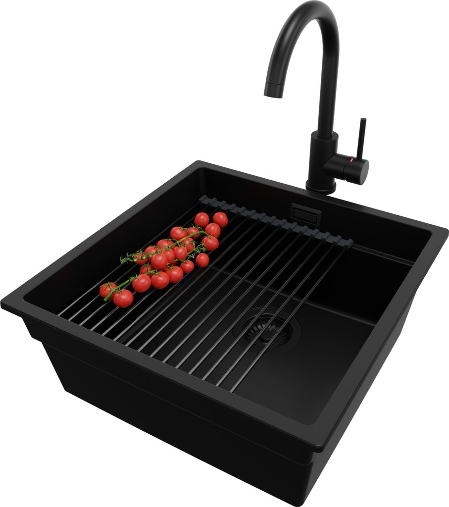 PRIMAGRAN Unterbauspüle Granit Alles Schwarz 46x47cm, Spülbecken 1 Becken + Ablauf-Set + Küchenzubehörset, Granitspüle ab 50er Unterschrank - ...