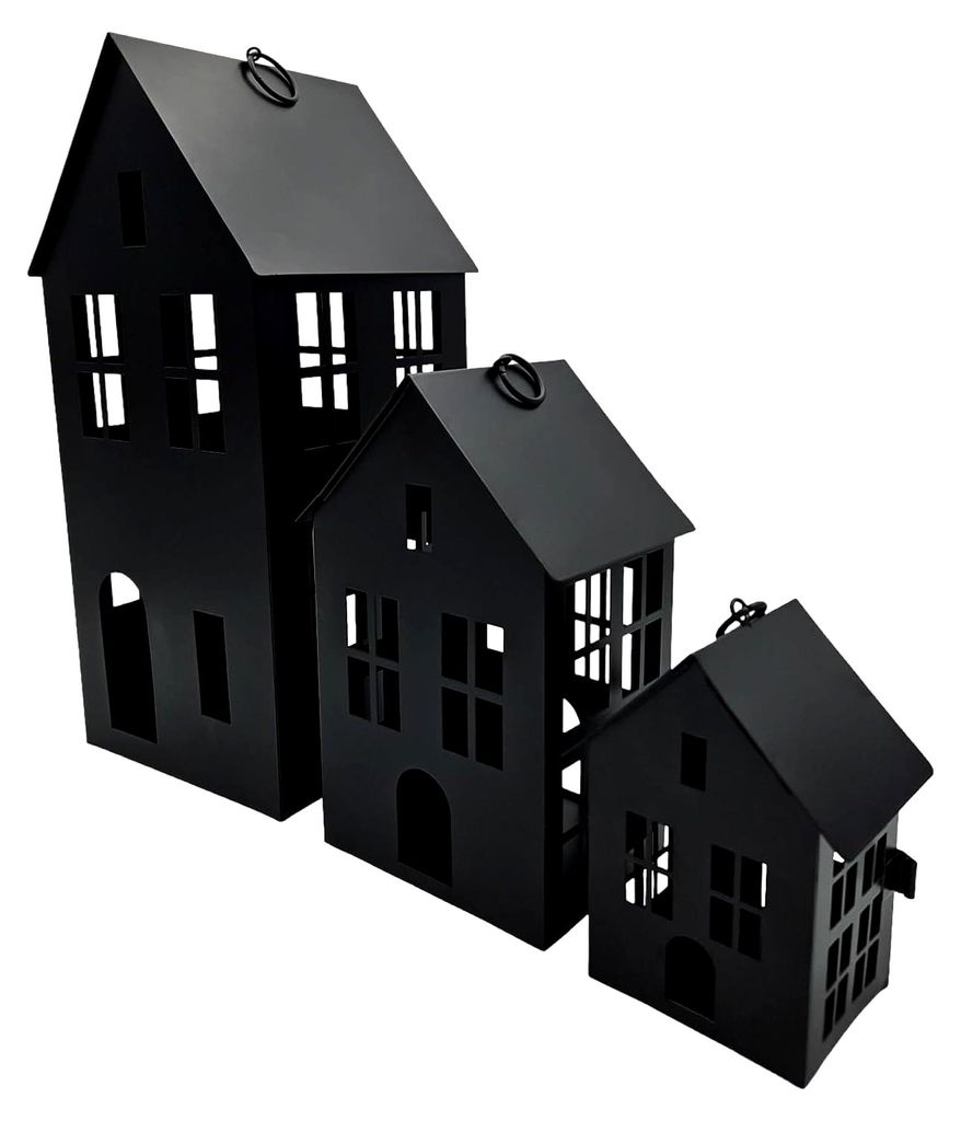 3 Laternenhäuser aus Metall, schwarz, 3er Set