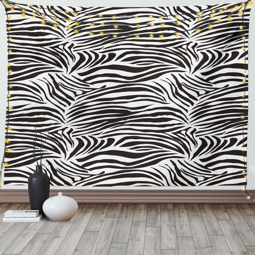 ABAKUHAUS Schwarz-Weiss Wandteppich, Wilde Zebra-Linien, Wohnzimmer Schlafzimmer Wandtuch Seidiges Satin Wandteppich, 150 x 100 cm, Weiß Schwarz