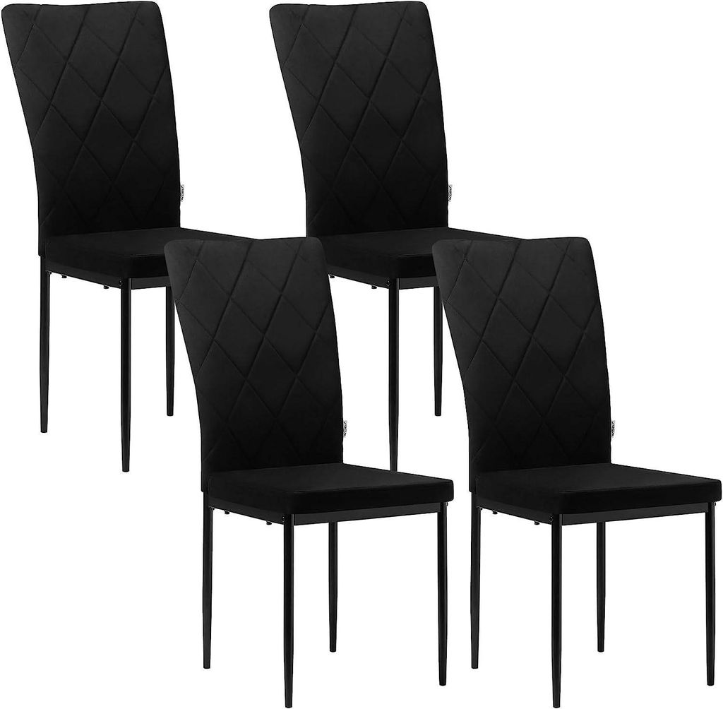 Four black dining chairs arranged in a group against a white background.