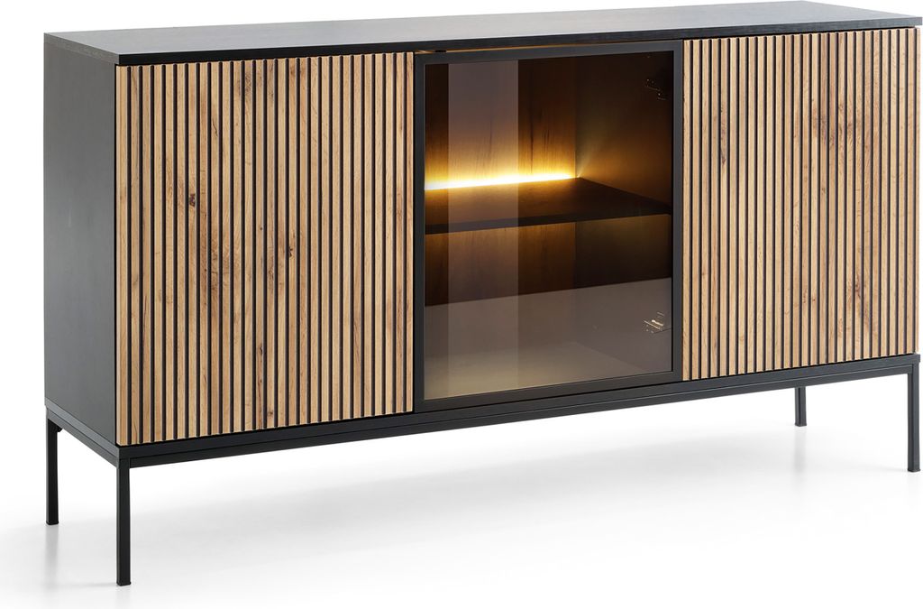 Masseno Kommode SENTIERO 154 cm Sideboard mit LED 3 Türen für Wohnzimmer Schlafzimmer Modern 154x39x83 cm Schwarz / Eiche Wotan