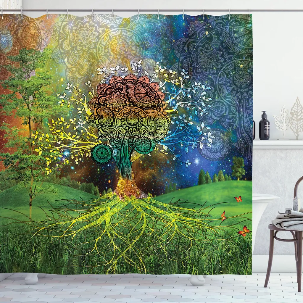 Rideau de Douche Ethnique ABAKUHAUS Arbre de Vie Vert Bleu 175x240 cm