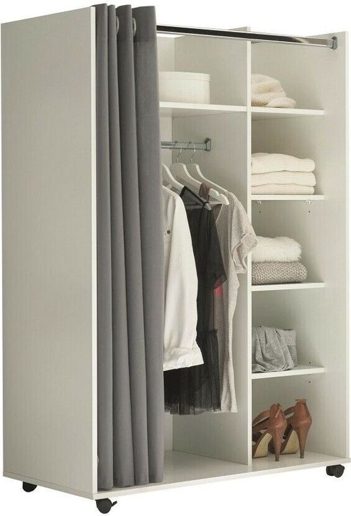 Kleiderschrank offen 100 cm breit JENKE-2 Weiß / Stoff grau Produktbild 