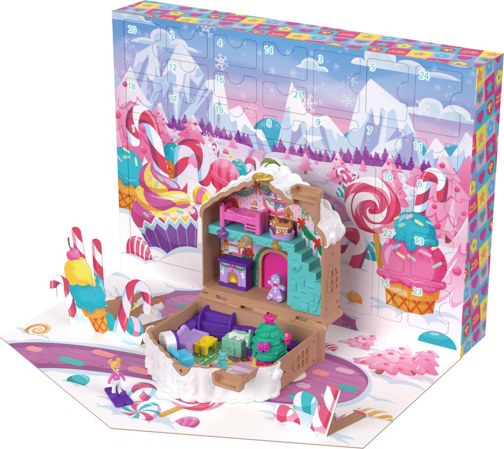 A pop-up advent calendar with a miniature dollhouse and accessories, themed around a candy winter wonderland.