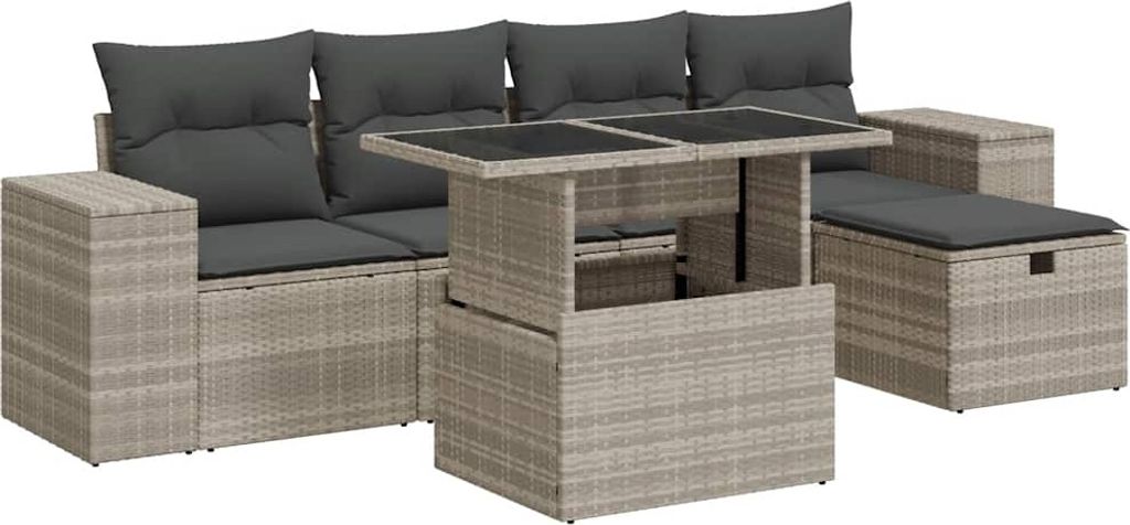 vidaXL 6-tlg. Garten-Sofagarnitur mit Kissen Hellgrau Poly Rattan