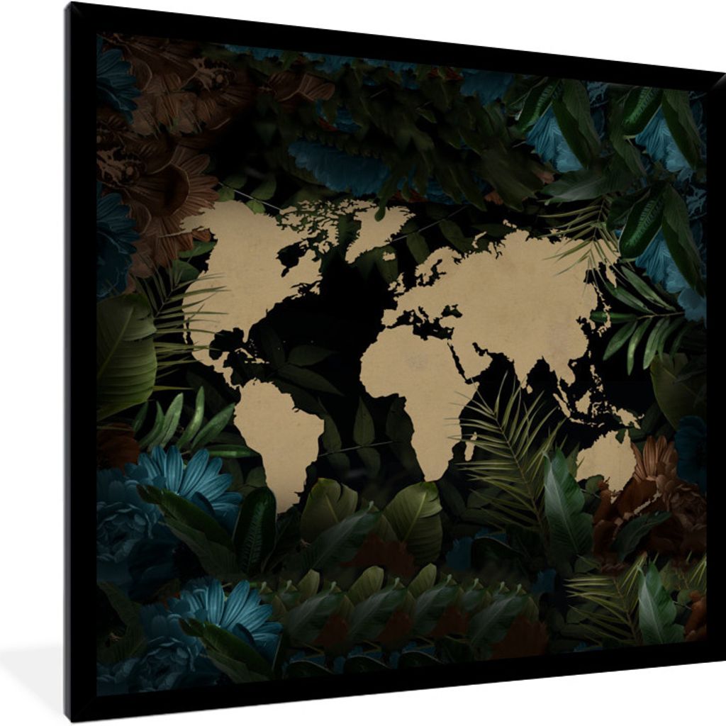 MuchoWow MuchoWow Gerahmtes Poster Weltkarte - Blumen - Blau 40x40 cm - Poster mit zchwarzem Bilderrahmen - Mit Rahmen - Wanddekoration Schlafz...