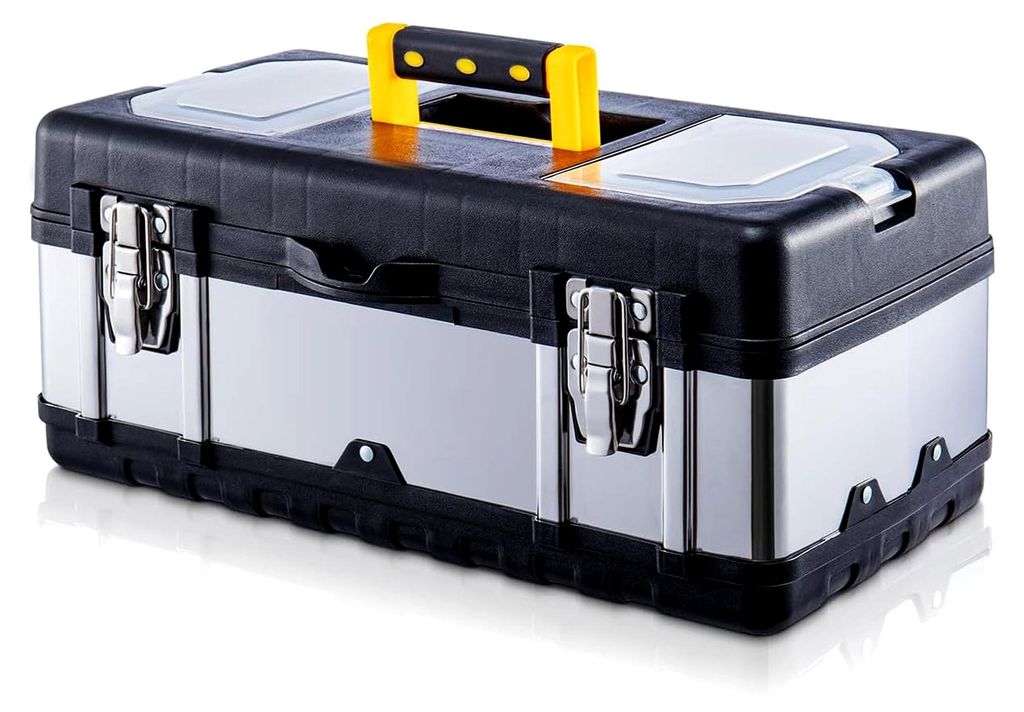 Werkzeugbox aus Metall, 17" - 40 x 18 x 17 cm, mit Metallschließen, stabiler Organizer für Werkzeuge, Koffer mit abnehmbarem Tragegriff