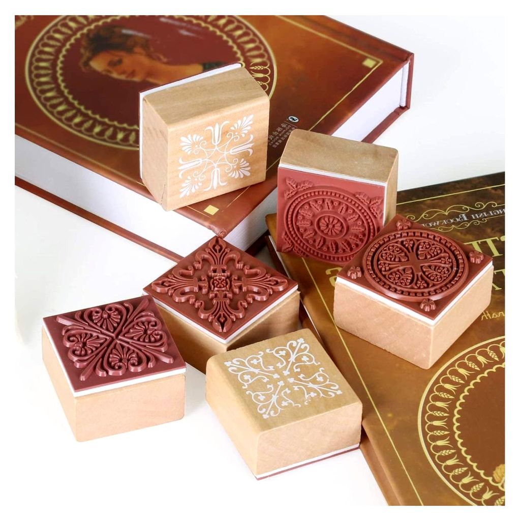 Quadratischer Stempel mit Blumenmuster, Holz-Gummistempel für DIY-Handwerk, 6 Stück