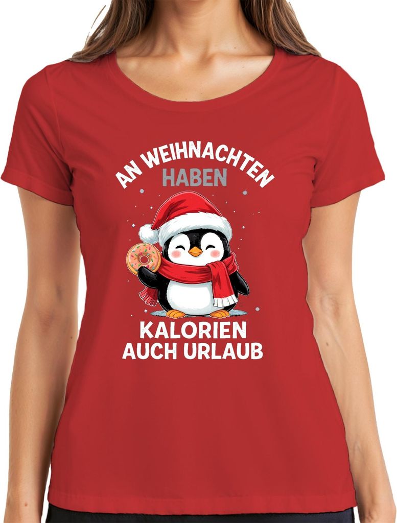 Weihnachten Kalorien Urlaub Pinguin Donut Lustig Geschenk Damen T-Shirt, Rot, XL
