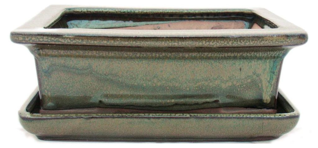 Bonsai-Schale mit Untersetzer, Größe 3 – olivbraun – eckig – Modell G29 – L 18 cm – B 13 cm – H 6 cm