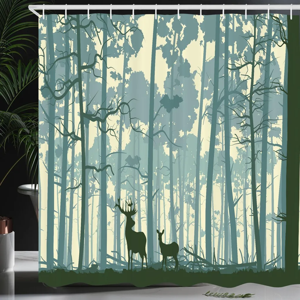 Tenda da Doccia 175x200 cm ABAKUHAUS Cervo e Foresta - Tessuto Lavabile - 4